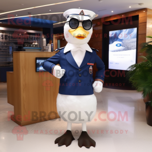 Navy Swans mascot costume character dressed with a Suit and Eyeglasses