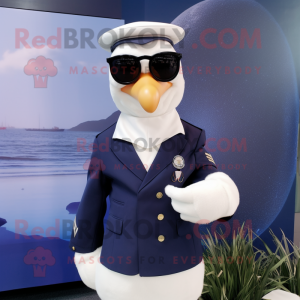 Navy Swans mascot costume character dressed with a Suit and Eyeglasses