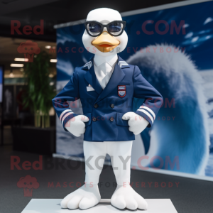 Navy Swans mascot costume character dressed with a Suit and Eyeglasses