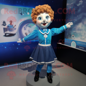 Blue Irish Dancer mascot costume character dressed with a Playsuit and Tie pins