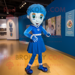 Blue Irish Dancer mascot costume character dressed with a Playsuit and Tie pins