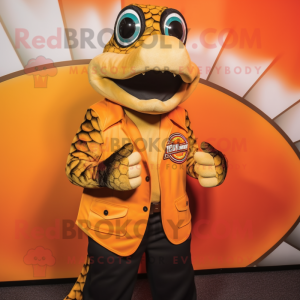 Orange Anaconda mascot costume character dressed with a Waistcoat and Lapel pins