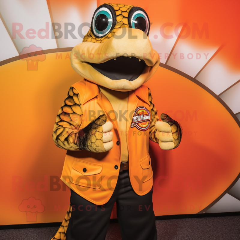 Orange Anaconda mascot costume character dressed with a Waistcoat and Lapel pins Orange Anaconda mascot costume character dressed with a Waistcoat and Lapel pins