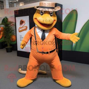 Orange Anaconda mascot costume character dressed with a Waistcoat and Lapel pins