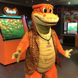 Orange Anaconda mascot costume character dressed with a Waistcoat and Lapel pins