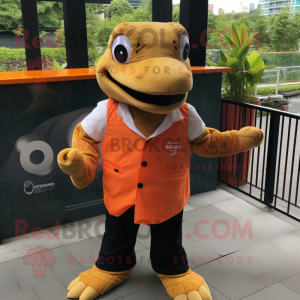 Orange Anaconda mascot costume character dressed with a Waistcoat and Lapel pins