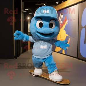 Sky Blue Skateboard mascot costume character dressed with a T-Shirt and Caps