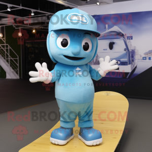 Sky Blue Skateboard mascot costume character dressed with a T-Shirt and Caps