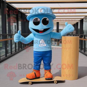 Sky Blue Skateboard mascot costume character dressed with a T-Shirt and Caps