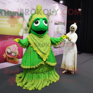 Green Biryani mascot costume character dressed with a Wedding Dress and Clutch bags
