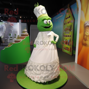 Green Biryani mascot costume character dressed with a Wedding Dress and Clutch bags