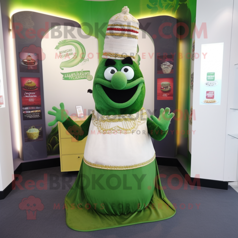 Green Biryani mascot costume character dressed with a Wedding Dress and Clutch bags