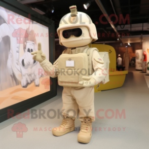 Cream Army Soldier mascot costume character dressed with a Overalls and Foot pads