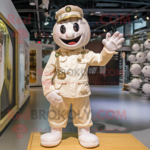 Cream Army Soldier mascot costume character dressed with a Overalls and Foot pads