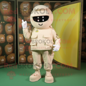 Cream Army Soldier mascot costume character dressed with a Overalls and Foot pads