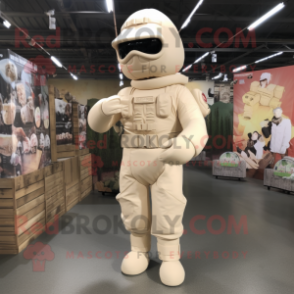 Cream Army Soldier mascot costume character dressed with a Overalls and Foot pads