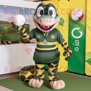 Olive Anaconda mascot costume character dressed with a Rugby Shirt and Keychains