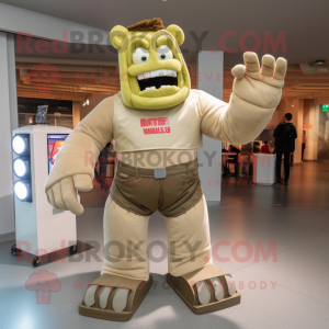 Beige Frankenstein'S Monster mascot costume character dressed with a Bootcut Jeans and Gloves