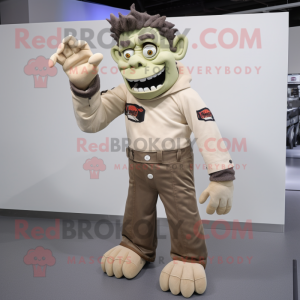 Beige Frankenstein'S Monster mascot costume character dressed with a Bootcut Jeans and Gloves