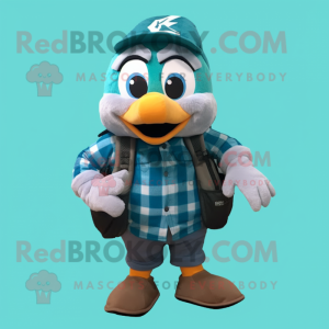 Teal Cod mascot costume character dressed with a Flannel Shirt and Backpacks