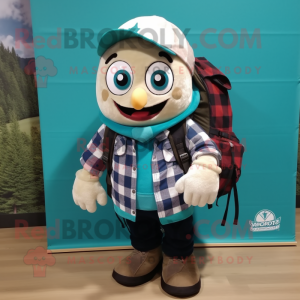 Teal Cod mascot costume character dressed with a Flannel Shirt and Backpacks