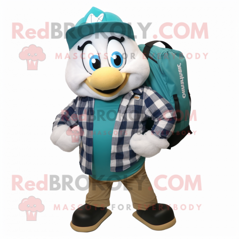 Teal Cod mascot costume character dressed with a Flannel Shirt and Backpacks Teal Cod mascot costume character dressed with a Flannel Shirt and Backpacks