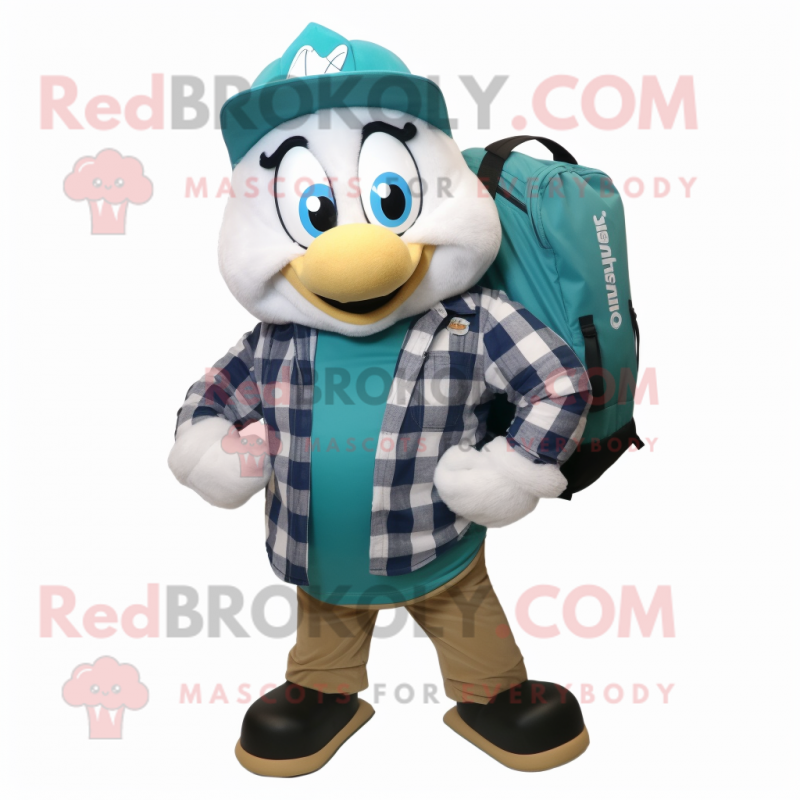 Teal Cod mascot costume character dressed with a Flannel Shirt and Backpacks