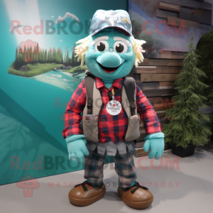 Teal Cod mascot costume character dressed with a Flannel Shirt and Backpacks