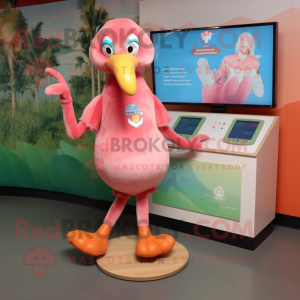 Peach Flamingo mascot costume character dressed with a V-Neck Tee and Anklets