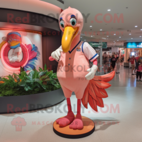 Peach Flamingo mascot costume character dressed with a V-Neck Tee and Anklets