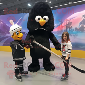 Black Ice Hockey Stick mascot costume character dressed with a Skinny Jeans and Hair clips