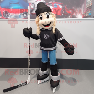 Black Ice Hockey Stick mascot costume character dressed with a Skinny Jeans and Hair clips
