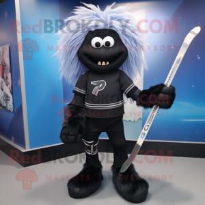 Black Ice Hockey Stick mascot costume character dressed with a Skinny Jeans and Hair clips