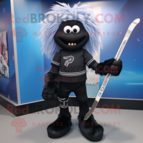 Black Ice Hockey Stick mascot costume character dressed with a Skinny Jeans and Hair clips