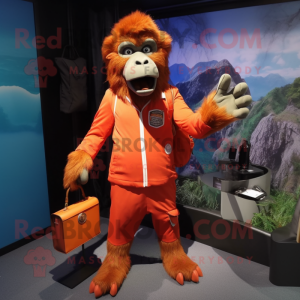 Orange Baboon mascot costume character dressed with a Coat and Messenger bags