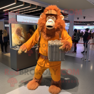 Orange Baboon mascot costume character dressed with a Coat and Messenger bags