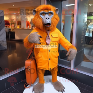 Orange Baboon mascot costume character dressed with a Coat and Messenger bags