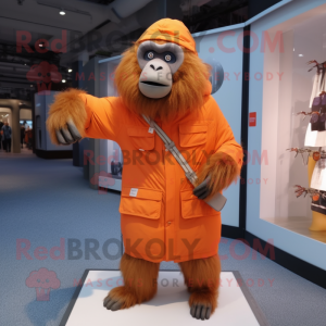 Orange Baboon mascot costume character dressed with a Coat and Messenger bags