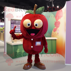 Maroon Apple mascot costume character dressed with a Corduroy Pants and Brooches