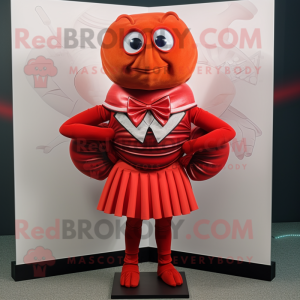 Red Trilobite mascot costume character dressed with a Mini Skirt and Bow ties