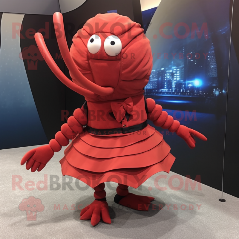 Red Trilobite mascot costume character dressed with a Mini Skirt and Bow ties