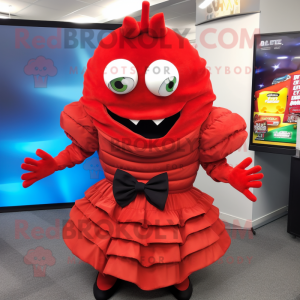 Red Trilobite mascot costume character dressed with a Mini Skirt and Bow ties