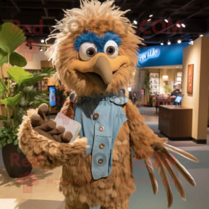 Tan Harpy mascot costume character dressed with a Chambray Shirt and Mittens