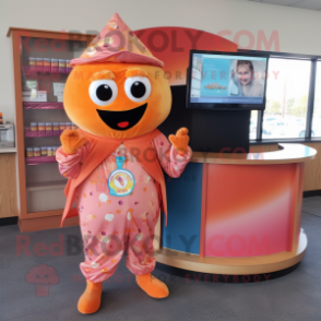 Peach Pizza mascot costume character dressed with a Jumpsuit and Scarf clips