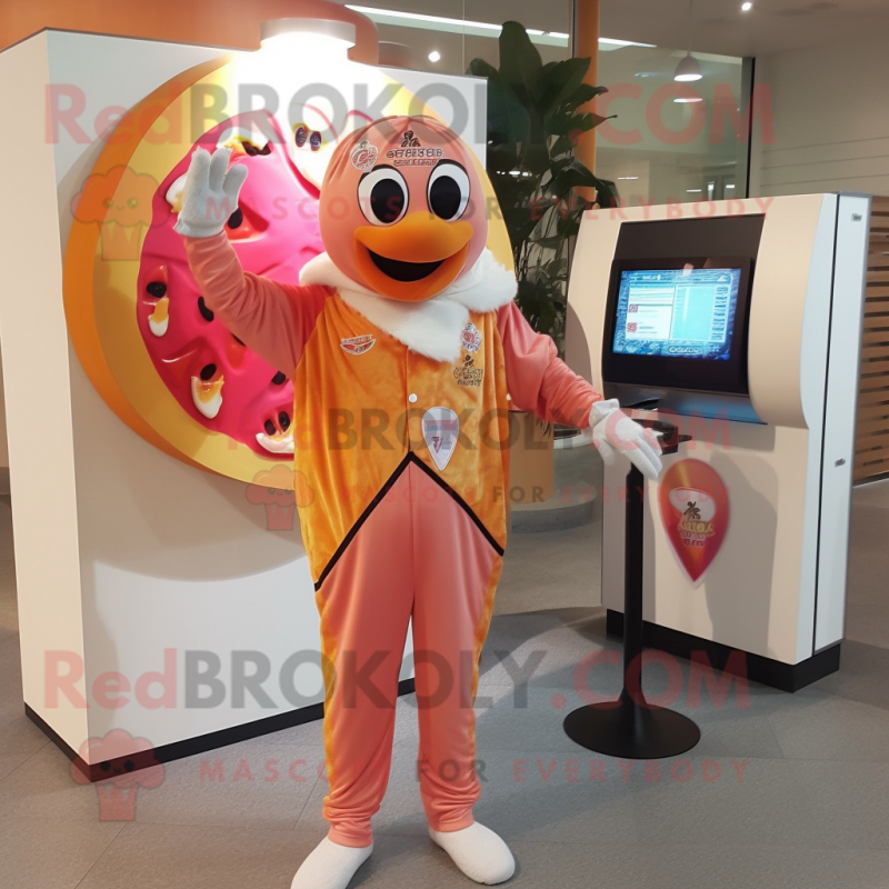 Peach Pizza mascot costume character dressed with a Jumpsuit and Scarf clips