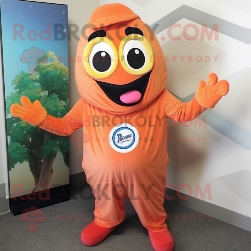 Peach Pizza mascot costume character dressed with a Jumpsuit and Scarf clips Peach Pizza mascot costume character dressed with a Jumpsuit and Scarf clips