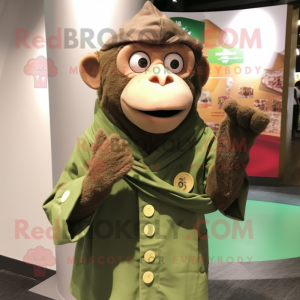 Olive Monkey mascot costume character dressed with a Waistcoat and Shawl pins