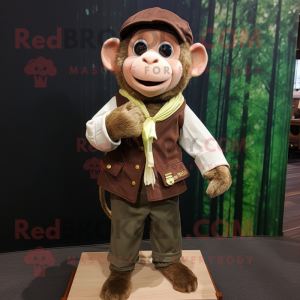 Olive Monkey mascot costume character dressed with a Waistcoat and Shawl pins