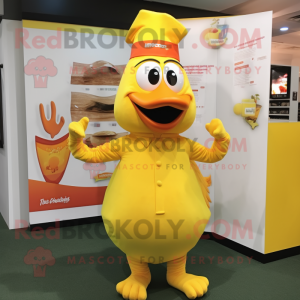 Yellow Butter Chicken mascot costume character dressed with a Tank Top and Hats