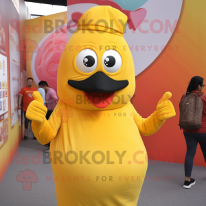 Yellow Butter Chicken mascot costume character dressed with a Tank Top and Hats